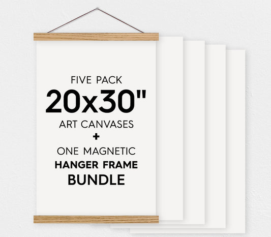 20x30" Canvas Bundle - Pack of 5 Painting Canvases and Magnetic Wood Hanger Frame - Hanger Frames