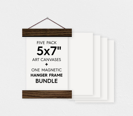 5x7" Canvas Bundle - Pack of 5 Blank Canvas Sheets and Magnetic Wood Hanger Frame - Hanger Frames