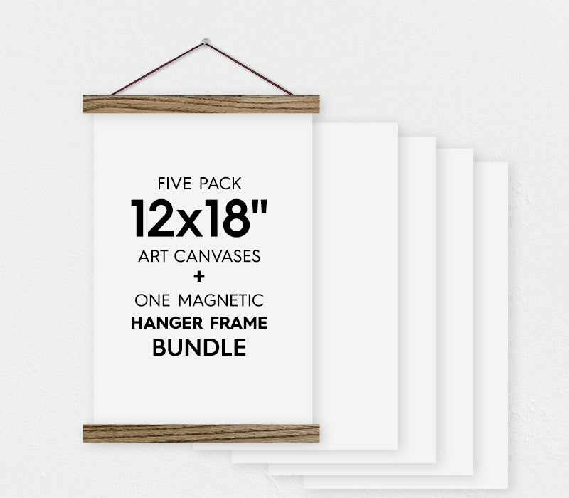 12x18" Canvas Bundle - Pack of 5 Blank Art Canvas and Magnetic Wood Hanger Frame - Hanger Frames