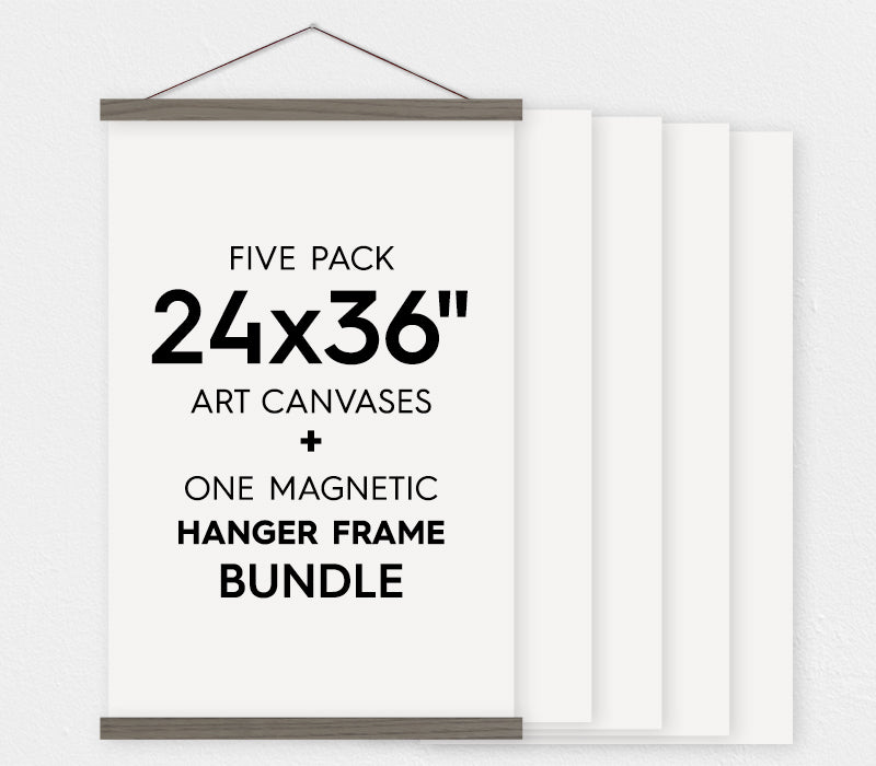 24x36" Canvas Bundle - Pack of 5 Art Canvas Sheets and Magnetic Wood Hanger Frame - Hanger Frames