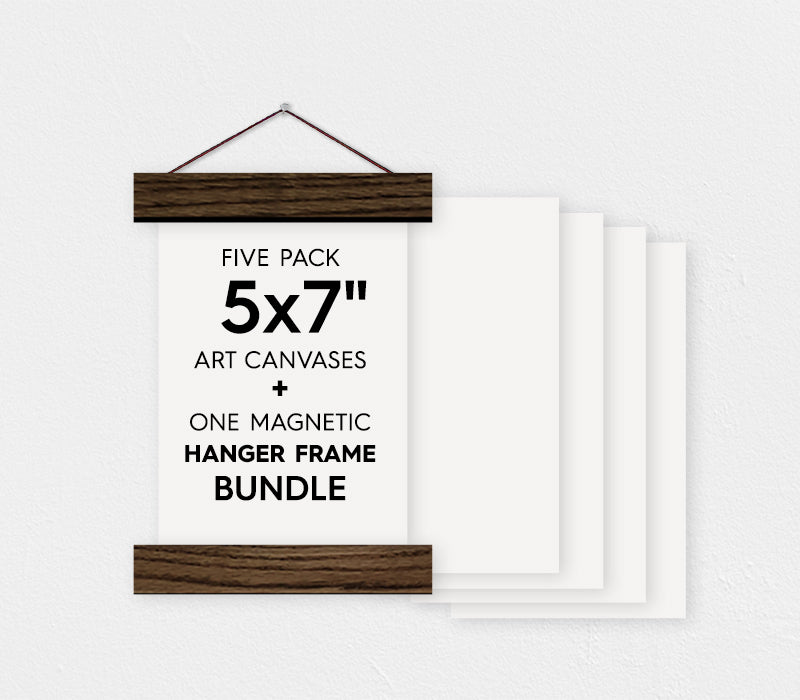 5x7" Canvas Bundle - Pack of 5 Blank Canvas Sheets and Magnetic Wood Hanger Frame - Hanger Frames